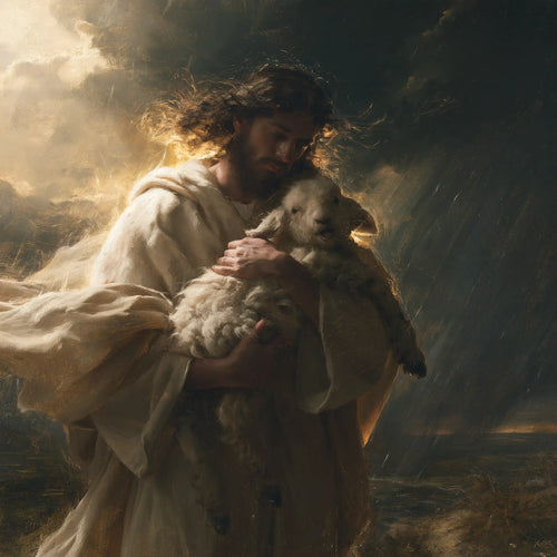 Jesus protecting a lamb in Jesus Protecting the Lamb style, square Christian artwork no. 3