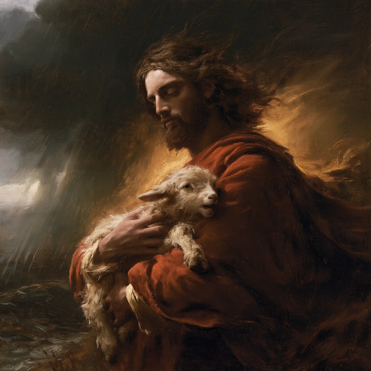 Jesus and the Lamb — Refuge in Glowing Crimson