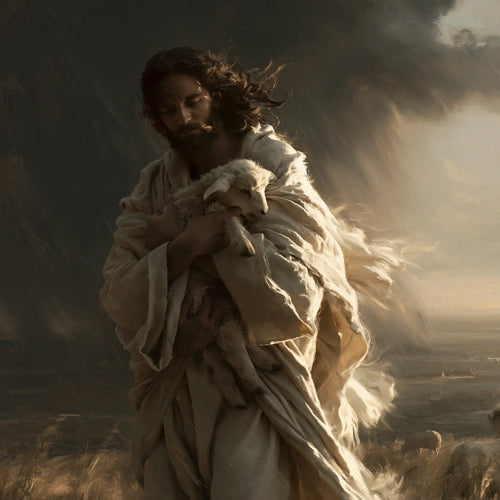 Jesus protecting a lamb in Jesus Protecting the Lamb style, square Christian artwork no. 5