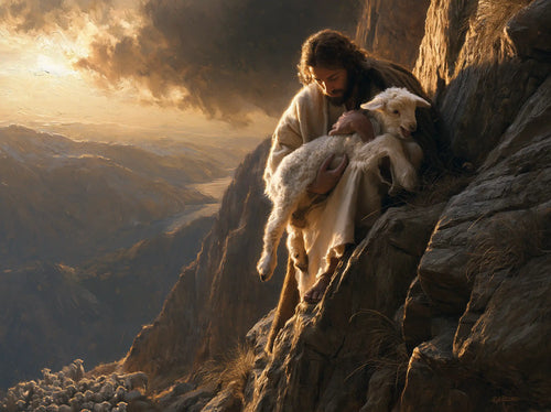 Jesus saving a lamb from danger in Jesus Saving the Lamb style, landscape Christian artwork no. 1