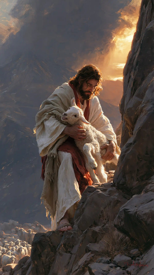 Jesus saving a lamb from danger in Jesus Saving the Lamb style, portrait Christian artwork no. 1