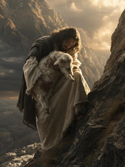 Jesus saving a lamb from danger in Jesus Saving the Lamb style, portrait Christian artwork no. 4
