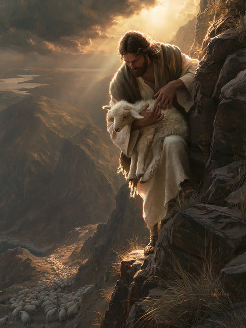 Jesus saving a lamb from danger in Jesus Saving the Lamb style, portrait Christian artwork no. 5