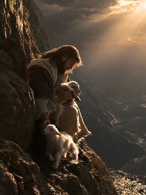 Jesus saving a lamb from danger in Jesus Saving the Lamb style, portrait Christian artwork no. 6