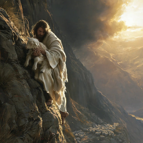 Jesus saving a lamb from danger in Jesus Saving the Lamb style, square Christian artwork no. 1