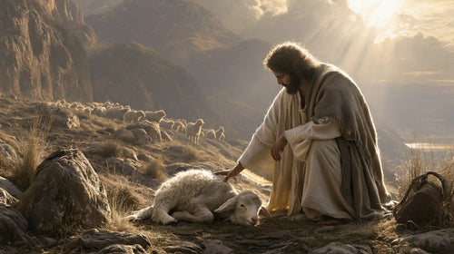 Jesus finding the lost lamb in The Lost Lamb Found style, landscape Christian artwork no. 3