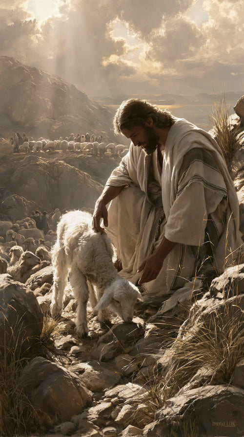 Jesus finding the lost lamb in The Lost Lamb Found style, portrait Christian artwork no. 4