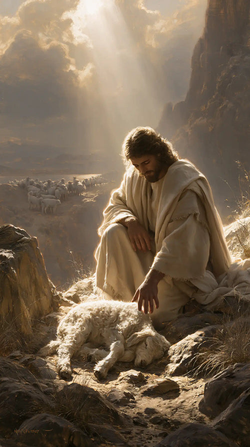 Jesus finding the lost lamb in The Lost Lamb Found style, portrait Christian artwork no. 5