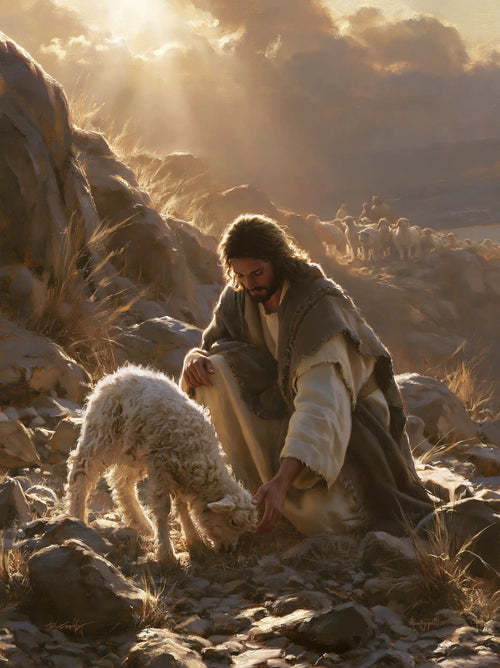 Jesus finding the lost lamb in The Lost Lamb Found style, portrait Christian artwork no. 8