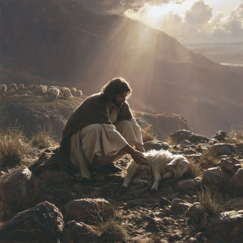 Jesus finding the lost lamb in The Lost Lamb Found style, square Christian artwork no. 1