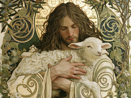 Jesus and the lamb framed by sacred Art Nouveau ornament in Sacred Art Nouveau style, landscape Christian artwork no. 4