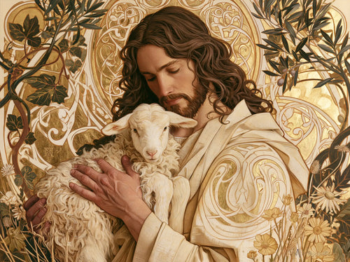 Jesus and the lamb framed by sacred Art Nouveau ornament in Sacred Art Nouveau style, landscape Christian artwork no. 7