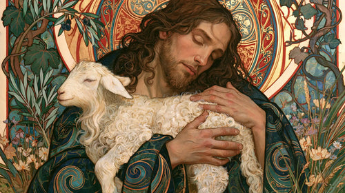 Jesus and the lamb framed by sacred Art Nouveau ornament in Sacred Art Nouveau style, landscape Christian artwork no. 13