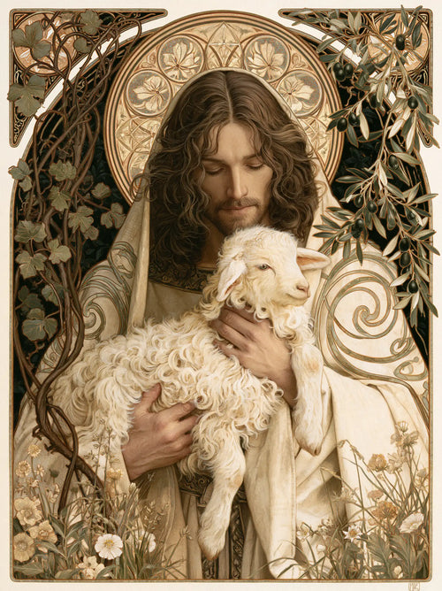 Jesus and the lamb framed by sacred Art Nouveau ornament in Sacred Art Nouveau style, portrait Christian artwork no. 9
