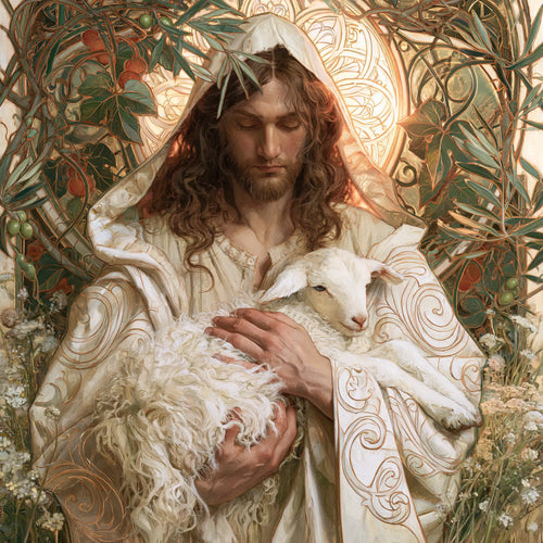 Jesus and the lamb framed by sacred Art Nouveau ornament in Sacred Art Nouveau style, square Christian artwork no. 1