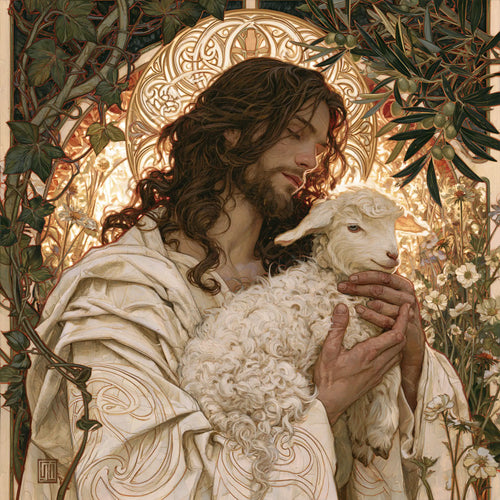 Jesus and the lamb framed by sacred Art Nouveau ornament in Sacred Art Nouveau style, square Christian artwork no. 2
