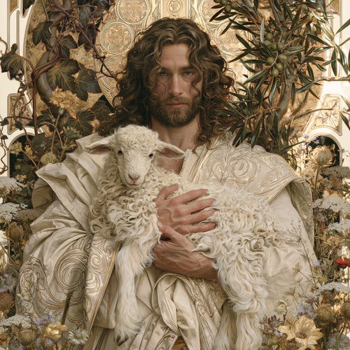 Jesus and the lamb framed by sacred Art Nouveau ornament in Sacred Art Nouveau style, square Christian artwork no. 6