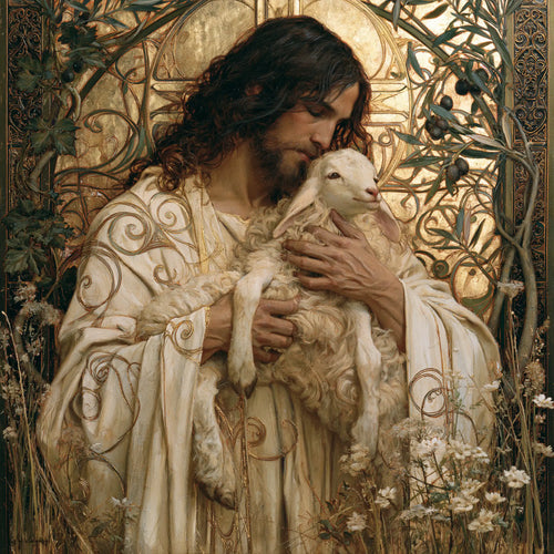 Jesus and the lamb framed by sacred Art Nouveau ornament in Sacred Art Nouveau style, square Christian artwork no. 7