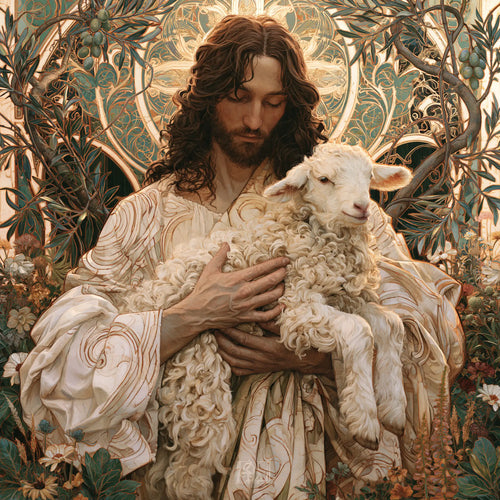 Jesus and the lamb framed by sacred Art Nouveau ornament in Sacred Art Nouveau style, square Christian artwork no. 8