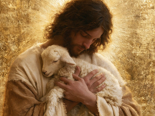 Jesus with a lamb in sacred golden light in Sacred Gold style, landscape Christian artwork no. 1