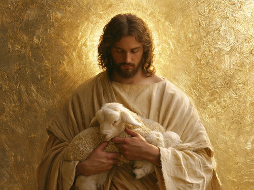 Jesus with a lamb in sacred golden light in Sacred Gold style, landscape Christian artwork no. 2
