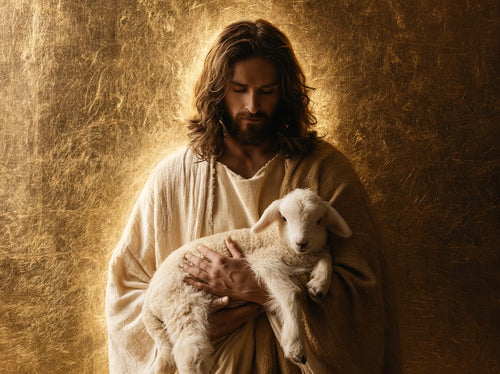 Jesus with a lamb in sacred golden light in Sacred Gold style, landscape Christian artwork no. 7