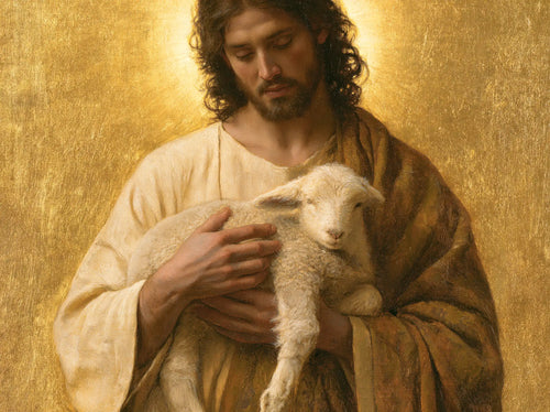 Jesus with a lamb in sacred golden light in Sacred Gold style, landscape Christian artwork no. 8