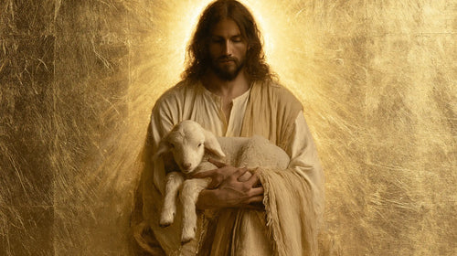 Jesus with a lamb in sacred golden light in Sacred Gold style, landscape Christian artwork no. 11