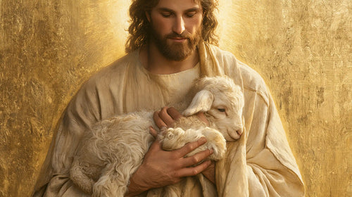 Jesus with a lamb in sacred golden light in Sacred Gold style, landscape Christian artwork no. 12