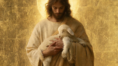 Jesus with a lamb in sacred golden light in Sacred Gold style, landscape Christian artwork no. 14