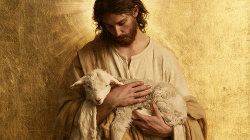 Jesus with a lamb in sacred golden light in Sacred Gold style, landscape Christian artwork no. 15