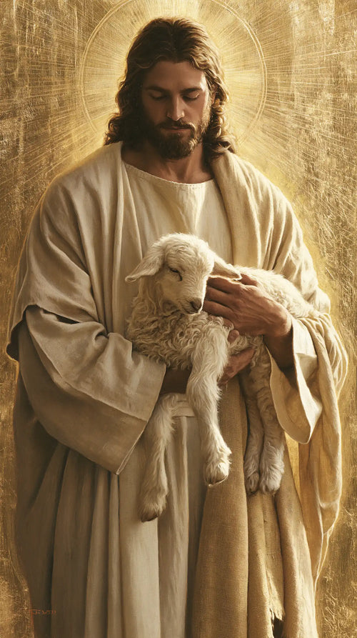 Jesus with a lamb in sacred golden light in Sacred Gold style, portrait Christian artwork no. 4