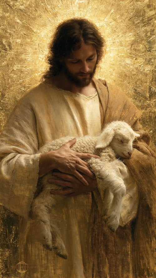 Jesus with a lamb in sacred golden light in Sacred Gold style, portrait Christian artwork no. 6