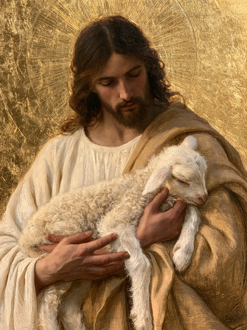 Jesus with a lamb in sacred golden light in Sacred Gold style, portrait Christian artwork no. 8