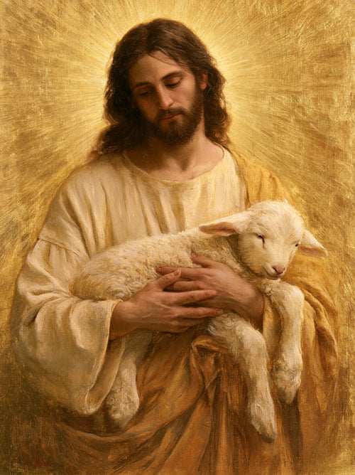 Jesus with a lamb in sacred golden light in Sacred Gold style, portrait Christian artwork no. 9