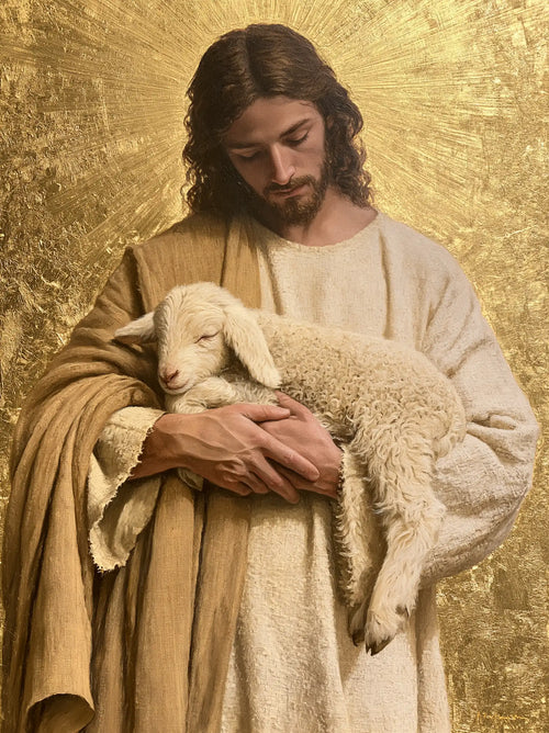 Jesus with a lamb in sacred golden light in Sacred Gold style, portrait Christian artwork no. 11