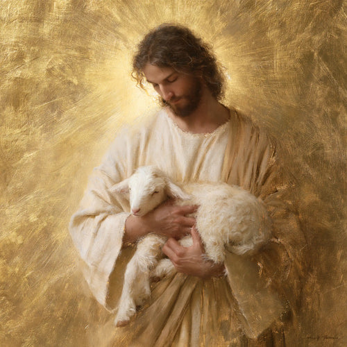 Jesus with a lamb in sacred golden light in Sacred Gold style, square Christian artwork no. 3