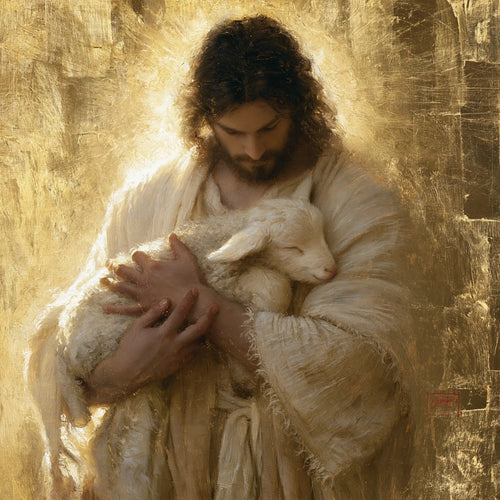 Jesus with a lamb in sacred golden light in Sacred Gold style, square Christian artwork no. 7