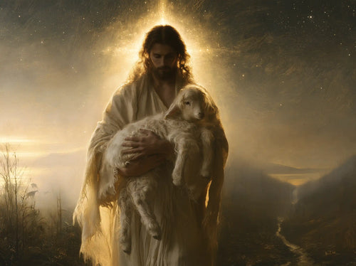 Jesus and the lamb in a symbolist composition in Symbolist style, landscape Christian artwork no. 1