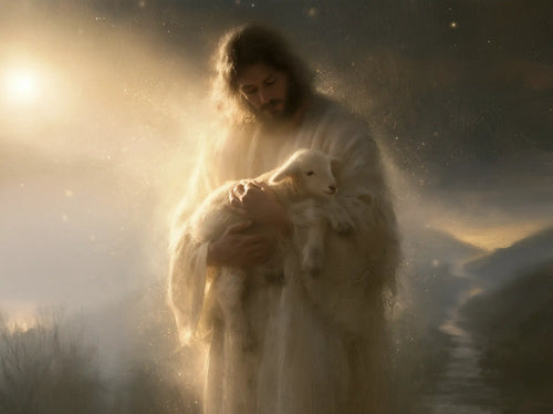 Jesus and the lamb in a symbolist composition in Symbolist style, landscape Christian artwork no. 2