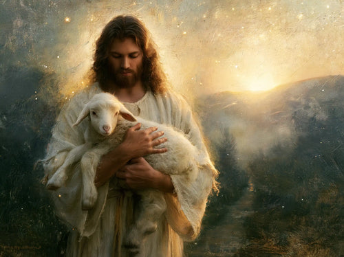 Jesus and the lamb in a symbolist composition in Symbolist style, landscape Christian artwork no. 4