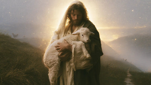 Jesus and the lamb in a symbolist composition in Symbolist style, landscape Christian artwork no. 7