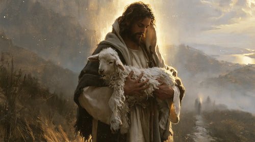 Jesus and the lamb in a symbolist composition in Symbolist style, landscape Christian artwork no. 8