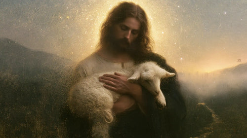 Jesus and the lamb in a symbolist composition in Symbolist style, landscape Christian artwork no. 10