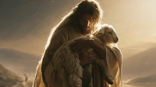 Jesus and the lamb in a symbolist composition in Symbolist style, landscape Christian artwork no. 11