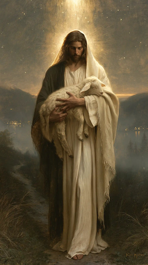 Jesus and the lamb in a symbolist composition in Symbolist style, portrait Christian artwork no. 1