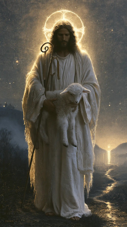 Jesus and the lamb in a symbolist composition in Symbolist style, portrait Christian artwork no. 2