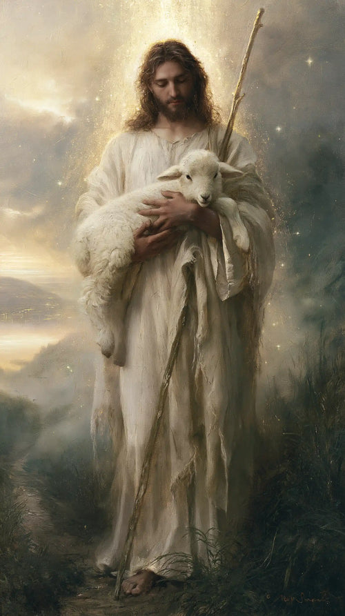 Jesus and the lamb in a symbolist composition in Symbolist style, portrait Christian artwork no. 3