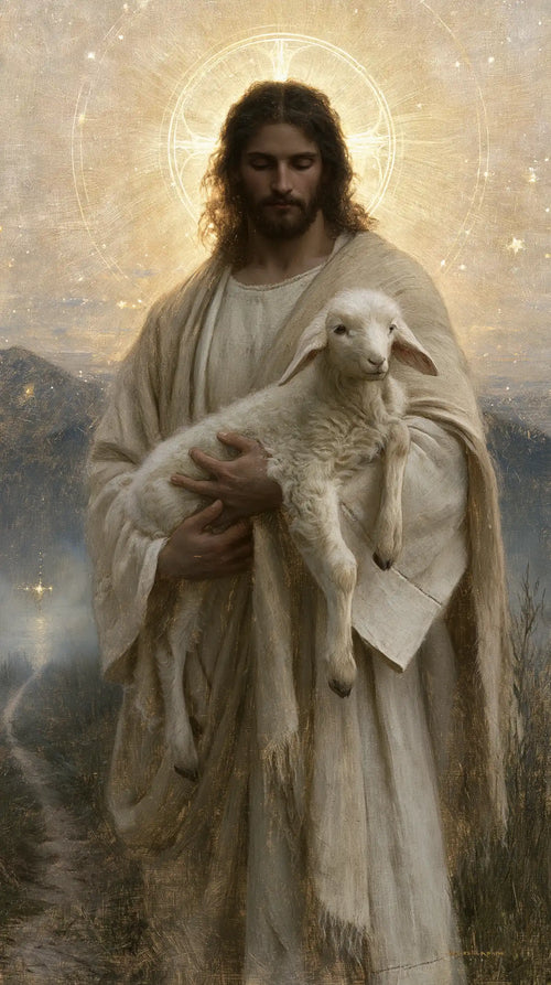 Jesus and the lamb in a symbolist composition in Symbolist style, portrait Christian artwork no. 6