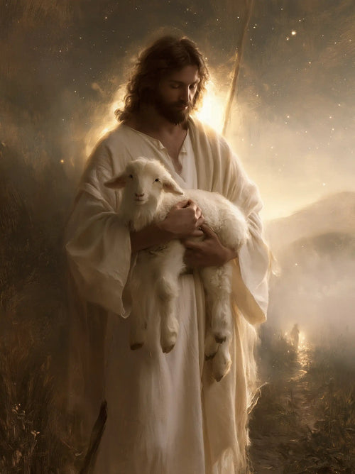 Jesus and the lamb in a symbolist composition in Symbolist style, portrait Christian artwork no. 11